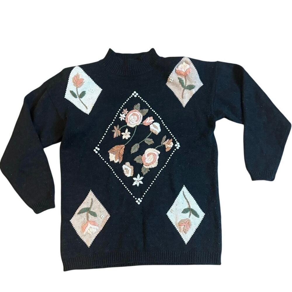 Vintage 80s Spice Of Life Womens M Black Sweater Floral Embroidered Bead Grandma
